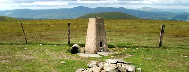 Looking west to the Culters and Tinto from the trig on Pykestone Knowe.