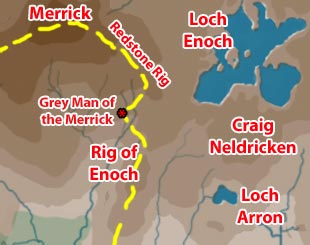 Map showing route and location of the Grey Man of the Merrick