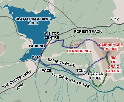 Map of a hill walk route in Galloway Forrest Park from Clatteringshaws Loch down Raider's Road Forest Drive, up onto Cairnsmore of Dee (Black Craig of Dee) and back over Benniguinea.