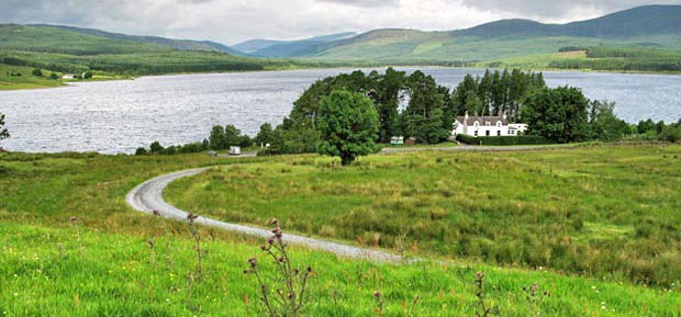 View back to the visitor's centre by Clatteringshaws Loch from the forest track.