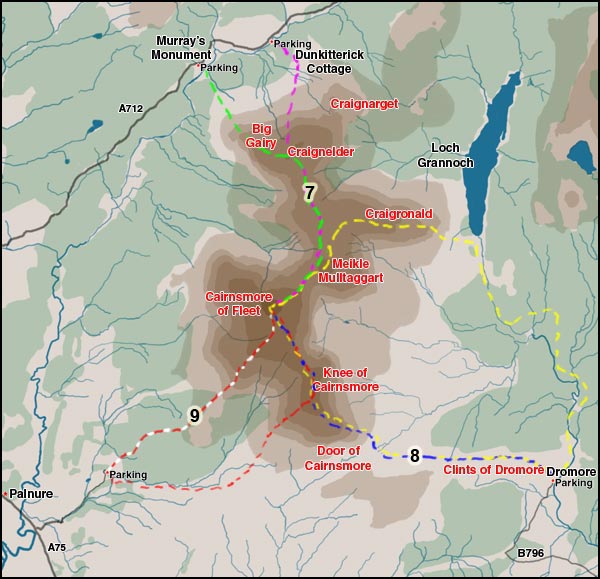 Map of six hill walking routes onto Cairnsmore of Fleet