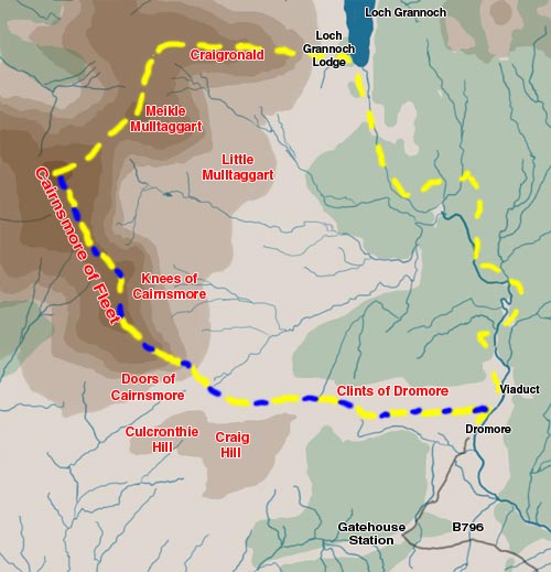 Map showing hill walking route over Cairnsmore of Fleet from Clints of Dromore