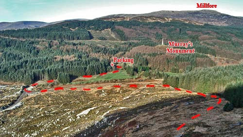 View from Craignelder showing line of ascent from Murray's Monument