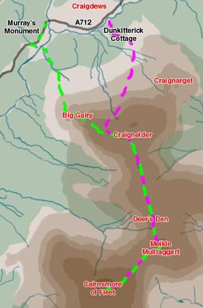 Map of hill walking routes from Murray's Monument and Dunkitterick to Cairnsmore of Fleet