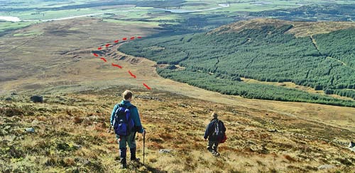 Descending the Door of Cairnsmore with the route ahead shown