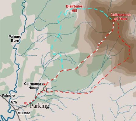 Map showing the tourist route onto Cairnsmore of Fleet