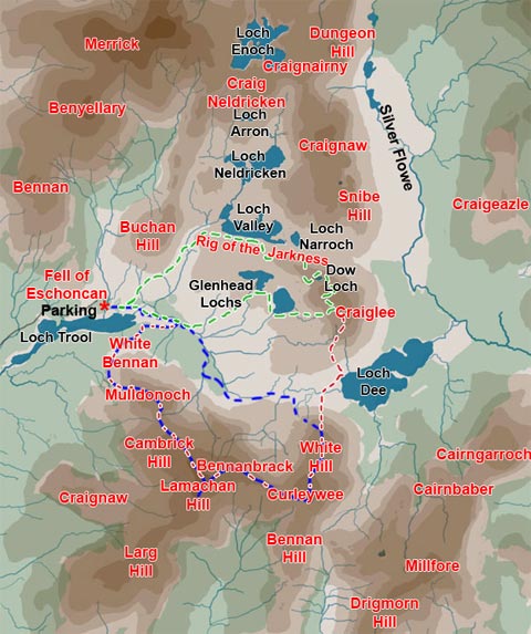 Map of a hill walking route from Loch Trool by the Rig of the Jarkness to Craiglee and back by the Glenhead Lochs