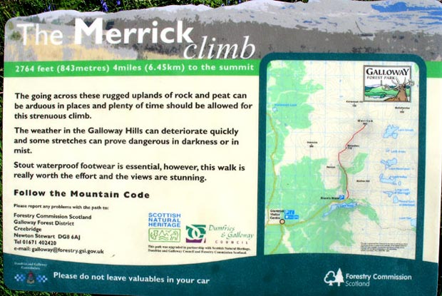 Information board beside the car park about the Merrick climb