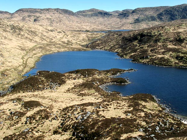 View from the west end of the Rig of the Jarkness over Loch Valley to Loch Neldricken