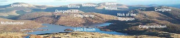 Looking east from Merrick over Loch Enoch to the Dungeons and the Rhinns of Kells beyond.