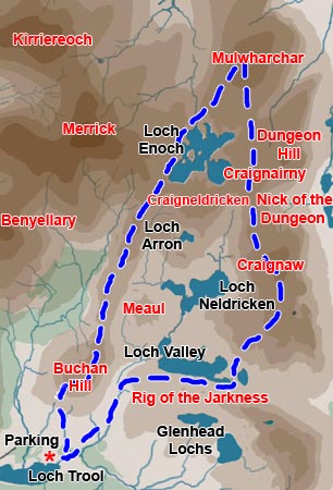 Map of hill walking route over the Dungeon Hill to Mullwharchar and back by the Buchan ridge to Glen Trool