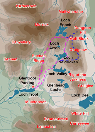 Map of a hill walking route over Craignaw and the Dungeon Hills from Glentrool