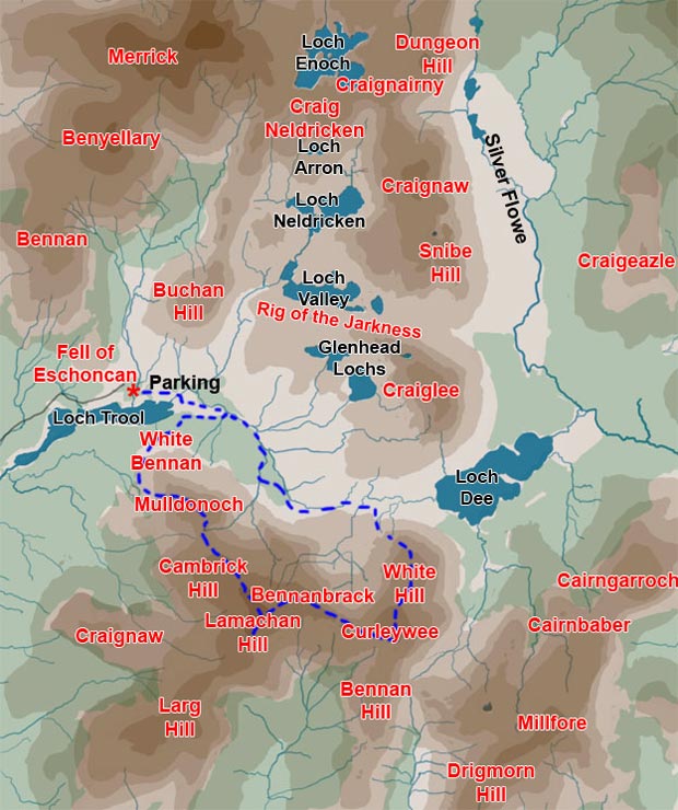 Map of a hill walk route from Glen Trool over Mulldonoch, Lamachan, the Bennanbrack Ridge and Curleywee