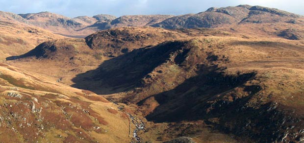 View up the valley of the Gairland Burn with hill names added