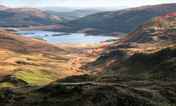 Route off White Hill onto SUW and view of Loch Dee, from Mulldonoch