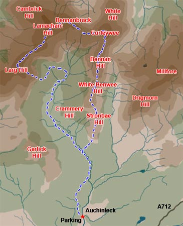 Map of route onto Minnigaff Hills from Auchinleck