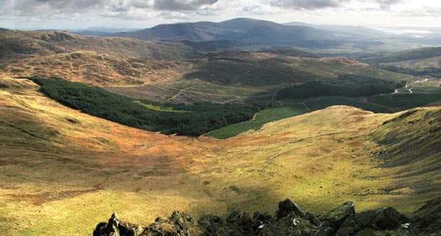 View over the valley of the Penkiln Burn towards Cairnsmore of Fleet