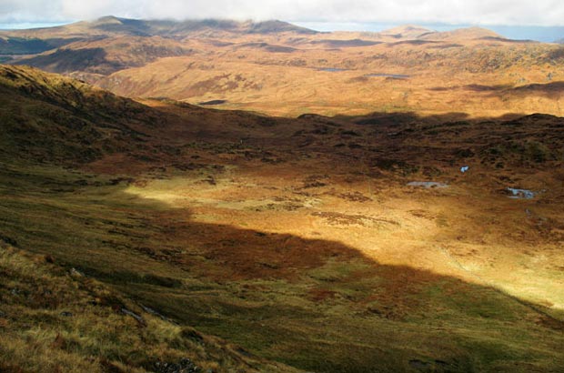 Views towards Merrick and Curleywee from the sheep track along the north face of the Bennanbrack ridge