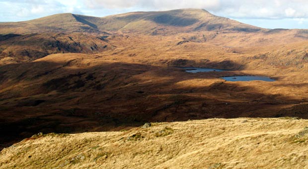 Benyellary, the Merrick and the Glenhead lochs from the saddle between Curleywee and White Hill