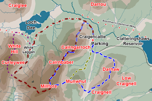 Map of a circular hill walking route over Cairngarroch, Cairnbaber, Millfore and Darnaw from Craigencallie
