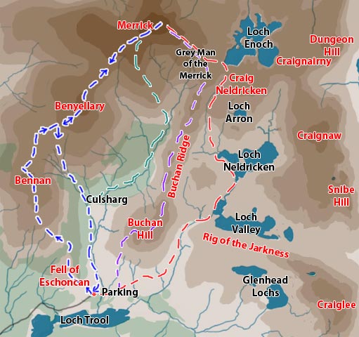 Map of a hill walking route over Eschoncan, Bennan, and Benyellary to Merrick