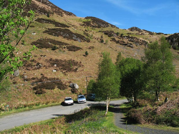 The car park by Bruce's Stone Glentrool with Eschoncan Fell in the background