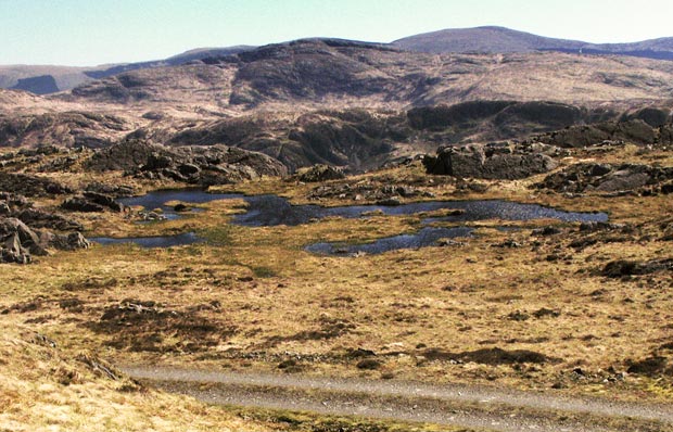 View of lochans on the top of Bennan with Craignaw and the Rhinns of Kells beyond