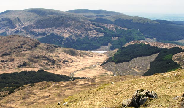 View eastward from the top of Benyellary looking down the Buchan Burn to Loch Trool and the Minnigaff Hills