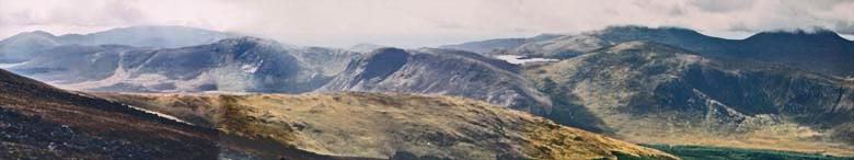 Panorama of the Awful Hand, the Dungeon Hills and the Minnigaff hills from Corserine
