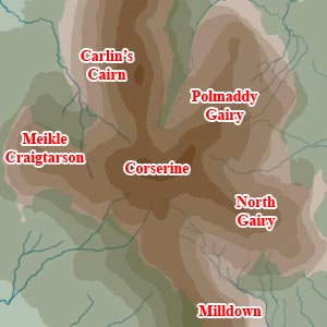 Map of the top of Corserine showing the five ridges which run off it.