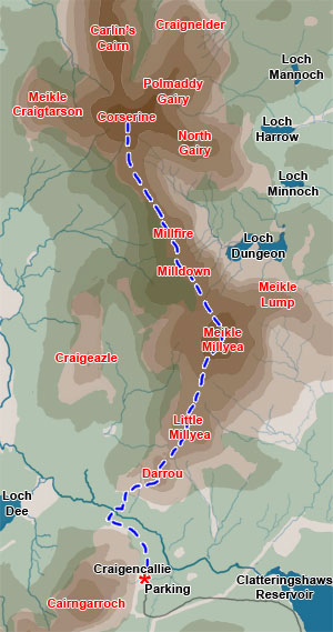 Map of a linear hill walking route from Craigencallie onto the Rhinns of Kells going over Darrou, Little Millyea, Meikle Millyea, Milldown, Millfire and Corserine.