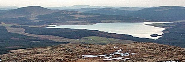 Coming down off Meikle Millyea with Clatteringshaws Reservoir and Cairnsmore of Dee - detail