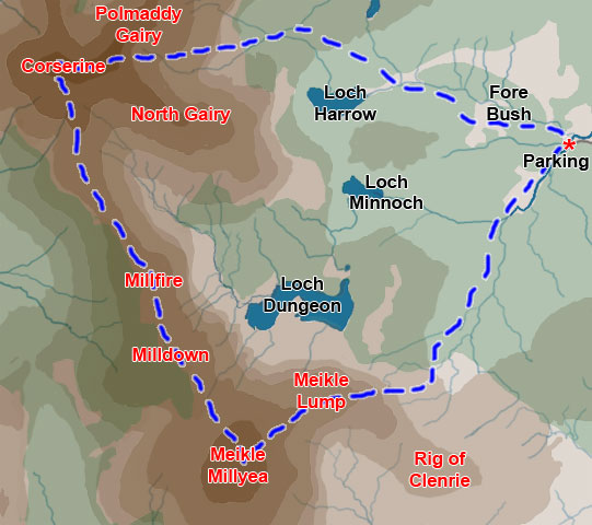 Map of a circular hill walking route from Fore Bush onto the Rhinns of Kells in the Galloway Hills taking in Corserine, Millfire, Milldown and Meikle Millyea