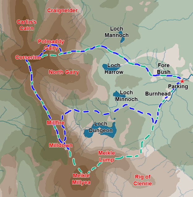 Map of a circular hill walking route from Fore Bush onto the Rhinns of Kells in the Galloway Hills via Milldown, Millfire and Corserine