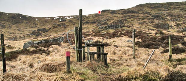 View from the stile at the edge of the forest back over the route we have come