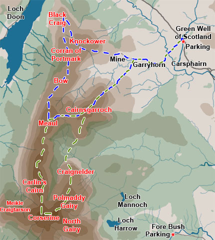 Map of a linear hill walking route from Craigencallie onto the Rhinns of Kells going over Darrou, Little Millyea, Meikle Millyea, Milldown, Millfire and Corserine.