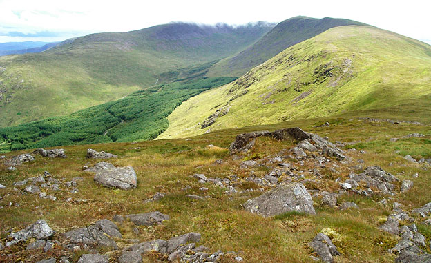 View south from Meaul towards Carlin's Cairn and Corserine