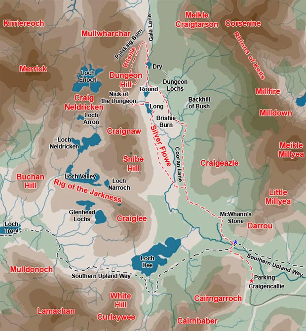 Map of a walking route in Galloway Forest Park from Craigencallie over the Silver Flowe to the Dungeon Lochs, up the Nick of the Dungeon onto Dungeon Hill down the Brishie Ridge and back again by the Silver Flowe