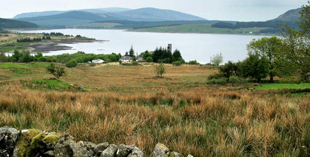 View across Clatteringshaws towards Cairnsmore of Dee and Cairnsmore of Fleet