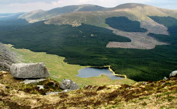 View over Dry Loch of the Dungeon to Corserine and Carlin's Cairn