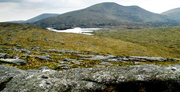 View looking south west over Loch Enoch to Merrick and Benyellary from Dungeon Hill ridge