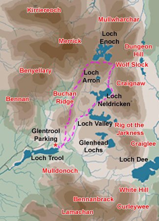 Map of a hill walk over the Wolf Slock and Buchan Ridge from Glentrool