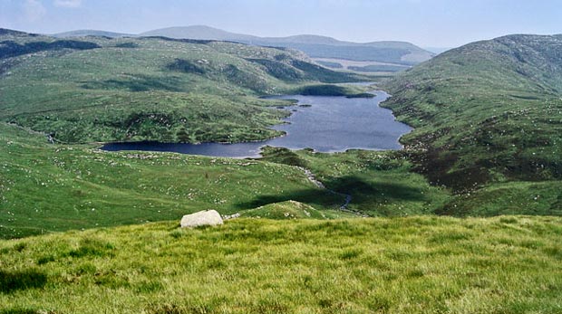 View from the Buchan ridge looking along Loch Valley towards Clatteringshaws and Cairnsmore of Dee