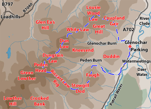 Map of a circular hill walk route from Glenochar near the source of the River Clyde visiting the nearby Bastle House then going over Lousie Waood Law, White Law, Dun Law Dungrain Law, Peden Head, Riccart Cleuch Rig, Stowgill Dod and Faugh
