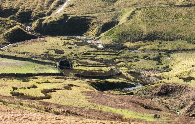 View of Glenochar bastle house and fermtoun from Coupland Gair