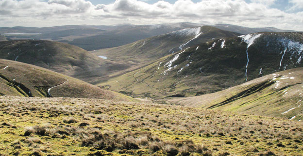 View down the valley of the Peden Burn from between Lousie Wood Law and White Law
