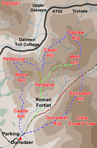 Map of a hill walk from Durisdeer village over Black Hill, Pettylung, Capel Hill, Caplaw Rig, Well Hill and Durisdeer Hill