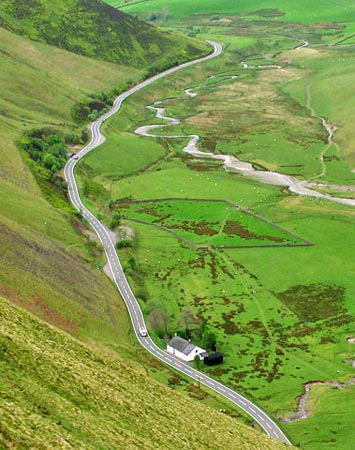 View down the Dalveen Pass from Capel Hill with Dalveen Toll cottage in the foreground - detail