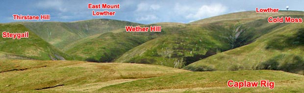 View of the Lowther hills from Caplaw Rig with hill names