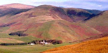 View of Durisdeer village and the hills beyond it from East Morton Hill